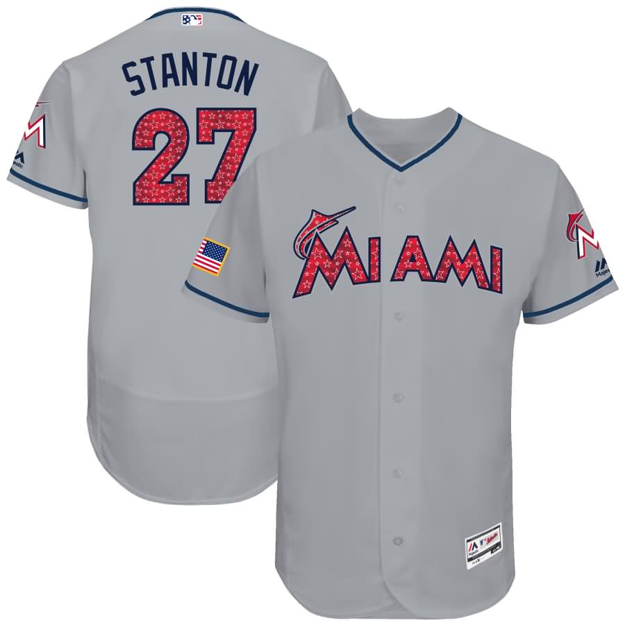 Giancarlo Stanton Miami Marlins Majestic 2017 Stars & Stripes Authentic Collection Flex Base Player Jersey - Gray
