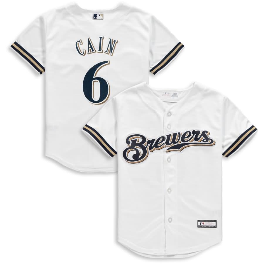 Lorenzo Cain Milwaukee Brewers Majestic Youth Home Cool Base Replica Player Jersey - White